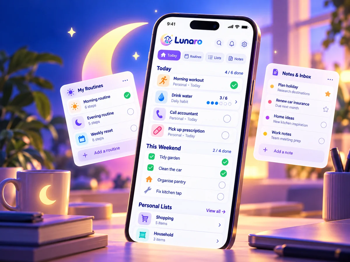 Illustration of the Lunaro Today screen with personal tasks, daily routines and a notes inbox.