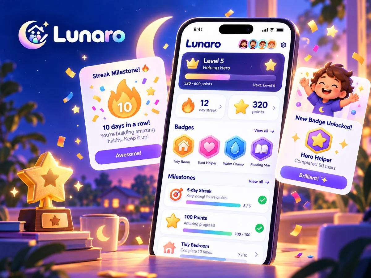 Illustration of a Lunaro progress screen with points, levels and reward cards.